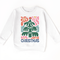 Boho Love Peace Joy Christmas design on a white sweatshirt.