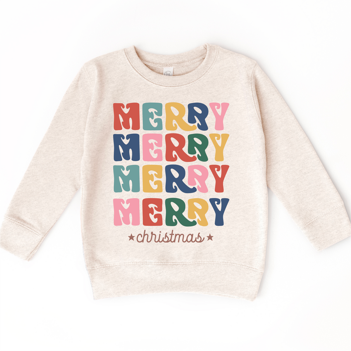 Boho Merry Merry Merry Christmas design on a natural sweatshirt.