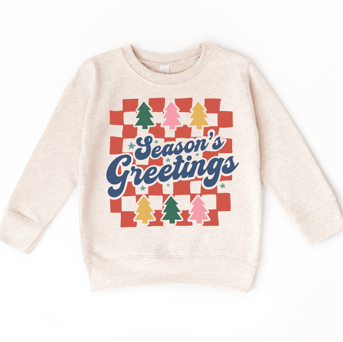 Boho Season's Greeting Christmas design on a natural sweatshirt.