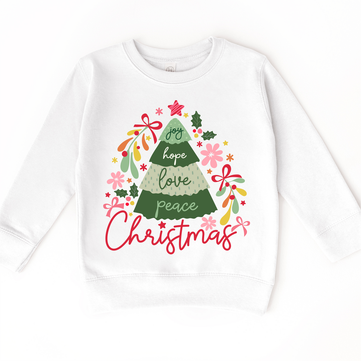 Boho Joy Hope Love Peace Christmas design on a white sweatshirt.