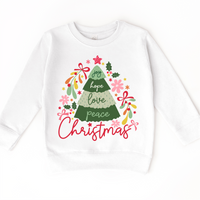 Boho Joy Hope Love Peace Christmas design on a white sweatshirt.