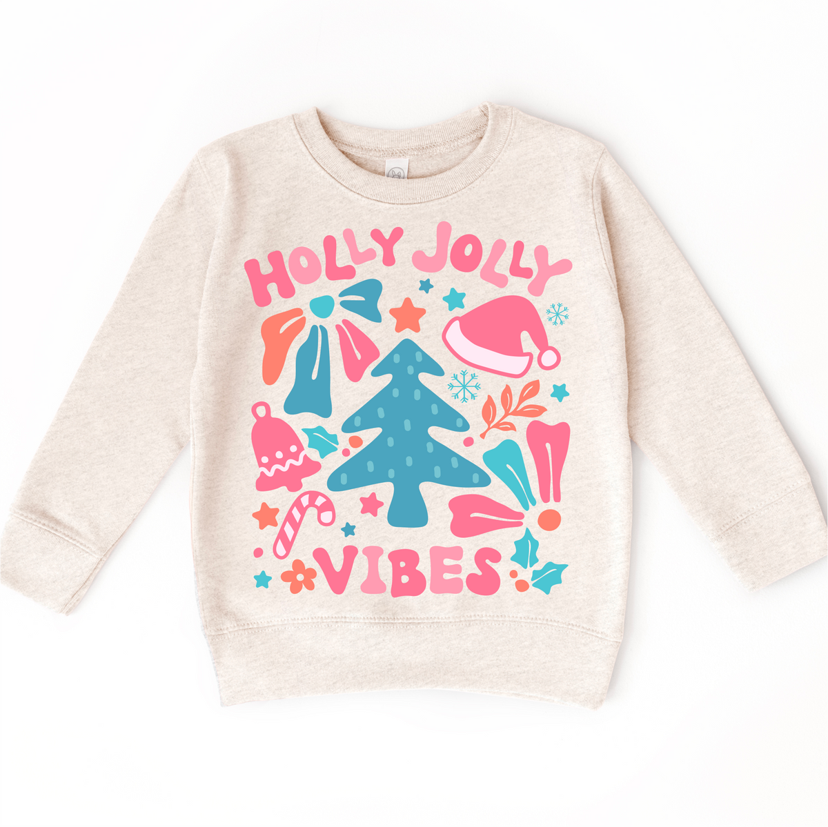 Boho Holly Jolly Vibes Christmas design on a natural sweatshirt.