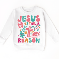 Boho Jesus Is The Reason Christmas design on a white sweatshirt.