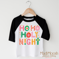 Ho Ho Holy Night Christmas design on a black-accented shirt.