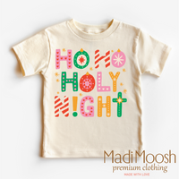 Ho Ho Holy Night Christmas design on a natural garment.