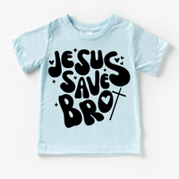Jesus Saves Bro design on a blue garment.