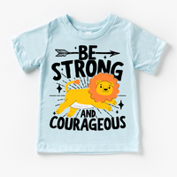 Be Strong And Courageous Christian Lion design on a blue garment.