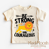 Be Strong And Courageous Christian Lion, Kids Christian graphic T-shirt by Madi Moosh