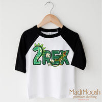 Two Rex Boys Birthday design on a black-accented shirt.