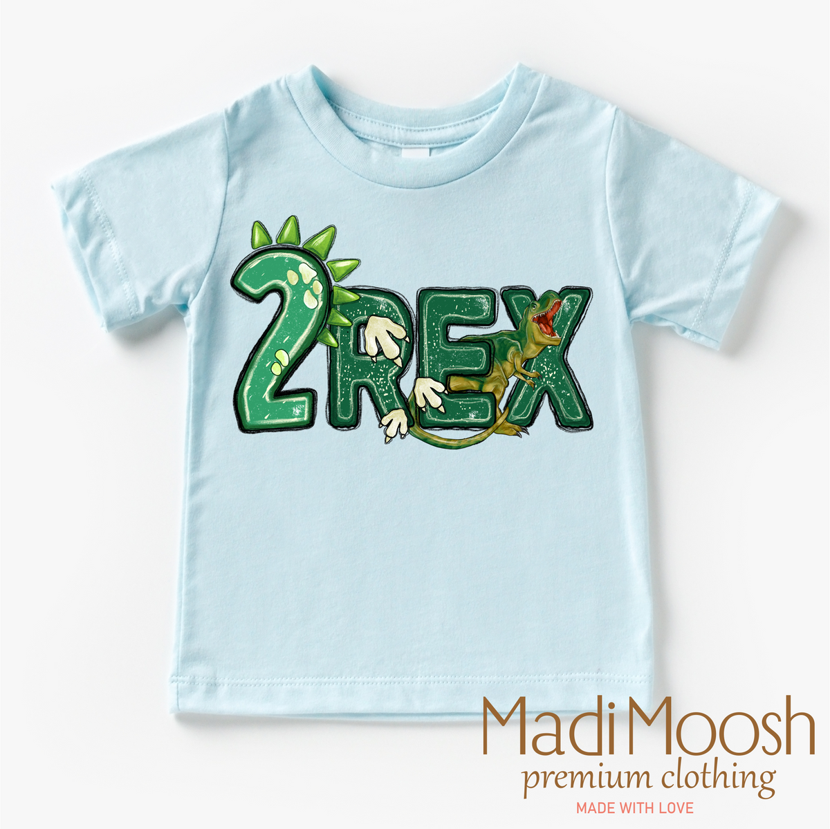 Two Rex Boys Birthday design on a blue garment.