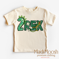 Two Rex Boys Birthday design on a natural garment.
