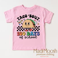 Taco Bout 100 Days Of School design on a pink garment.