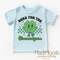Here For The Shenanigan's St. Patrick's Day design on a blue garment.