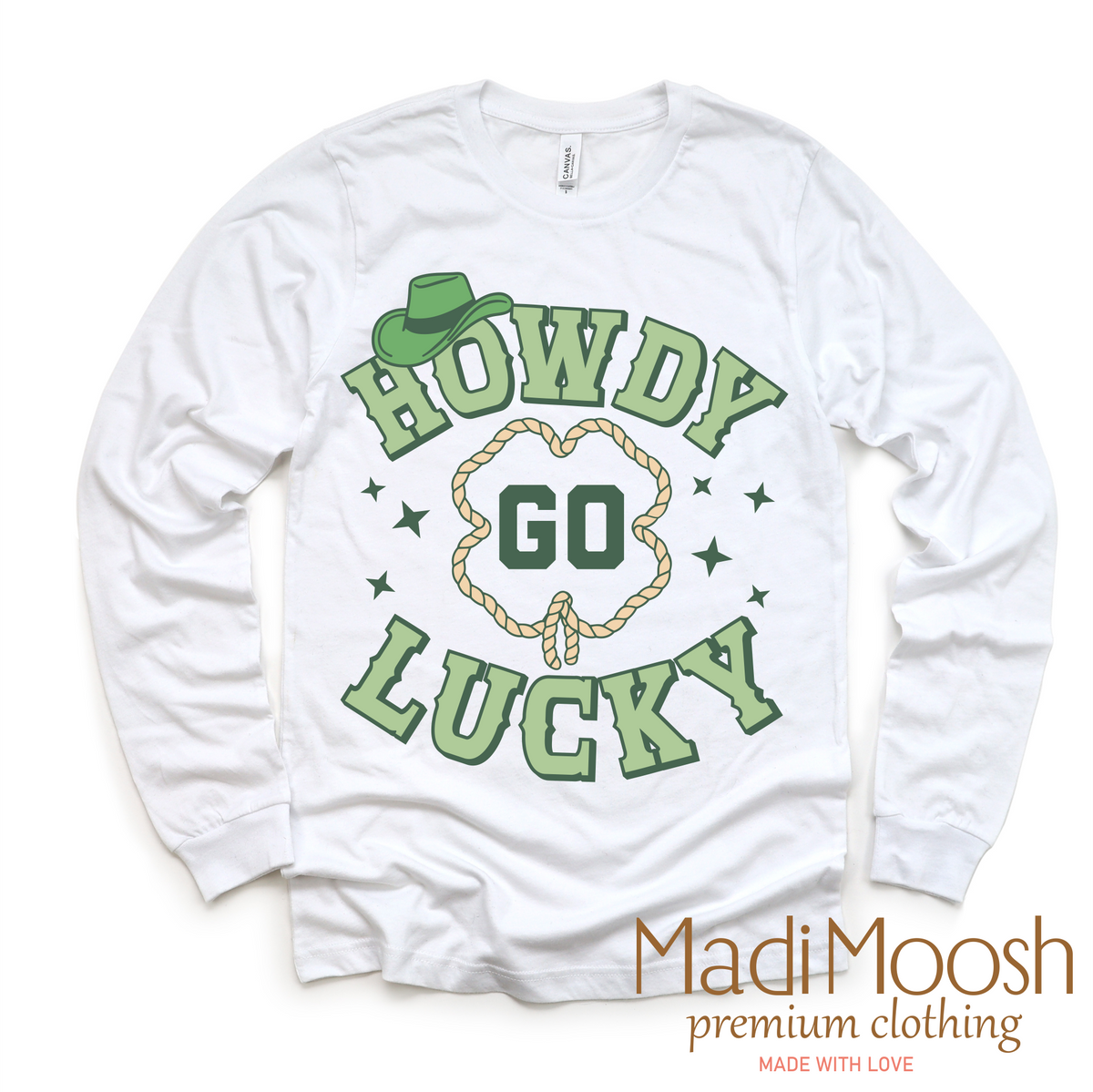Howdy Go Lucky Western St. Patrick's Day design on a long sleeve shirt.
