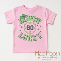 Howdy Go Lucky Western St. Patrick's Day design on a pink garment.
