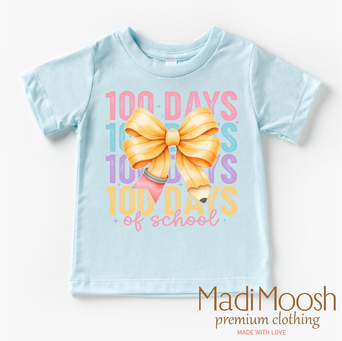 100 Days Of School Bow design on a blue garment.