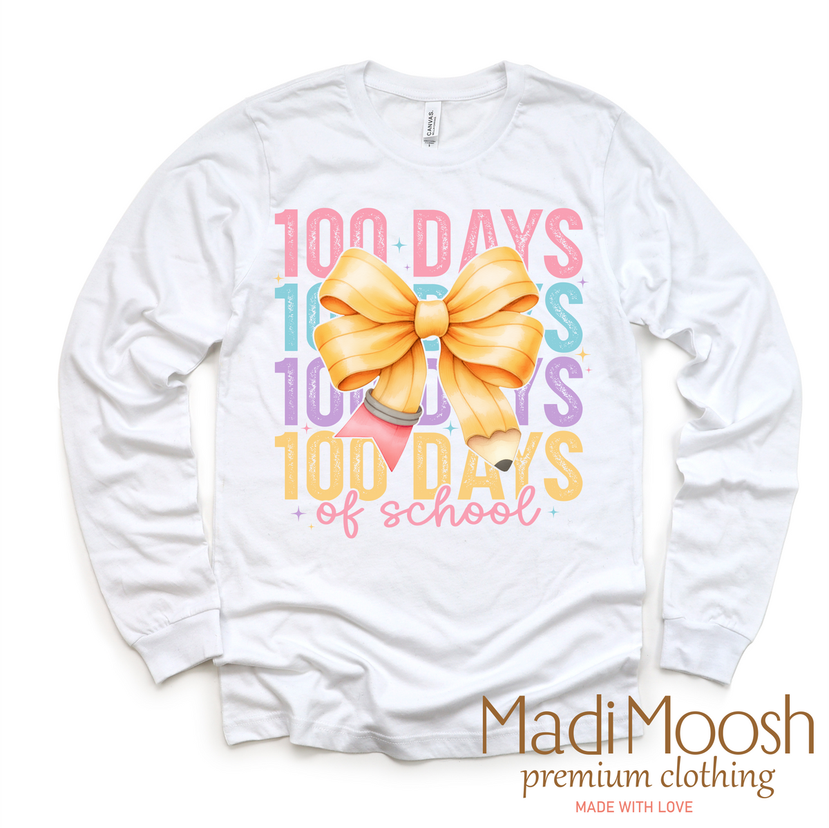 100 Days Of School Bow design on a long sleeve shirt.