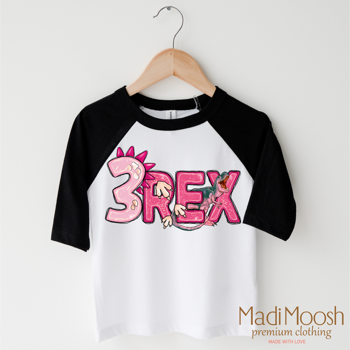 Girls 3 Rex Dinosaur Birthday design on a black-accented shirt.