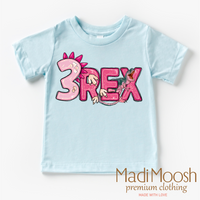 Girls 3 Rex Dinosaur Birthday design on a blue garment.