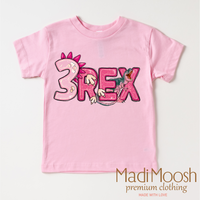 Girls 3 Rex Dinosaur Birthday design on a pink garment.