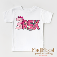 Girls 3 Rex Dinosaur Birthday design on a white garment.