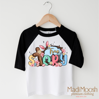 True Story Easter Christian design on a black-accented shirt.