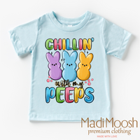 Chillin With My Peeps Easter design on a blue garment.