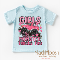 Girls Like Monster Trucks Too design on a blue garment.