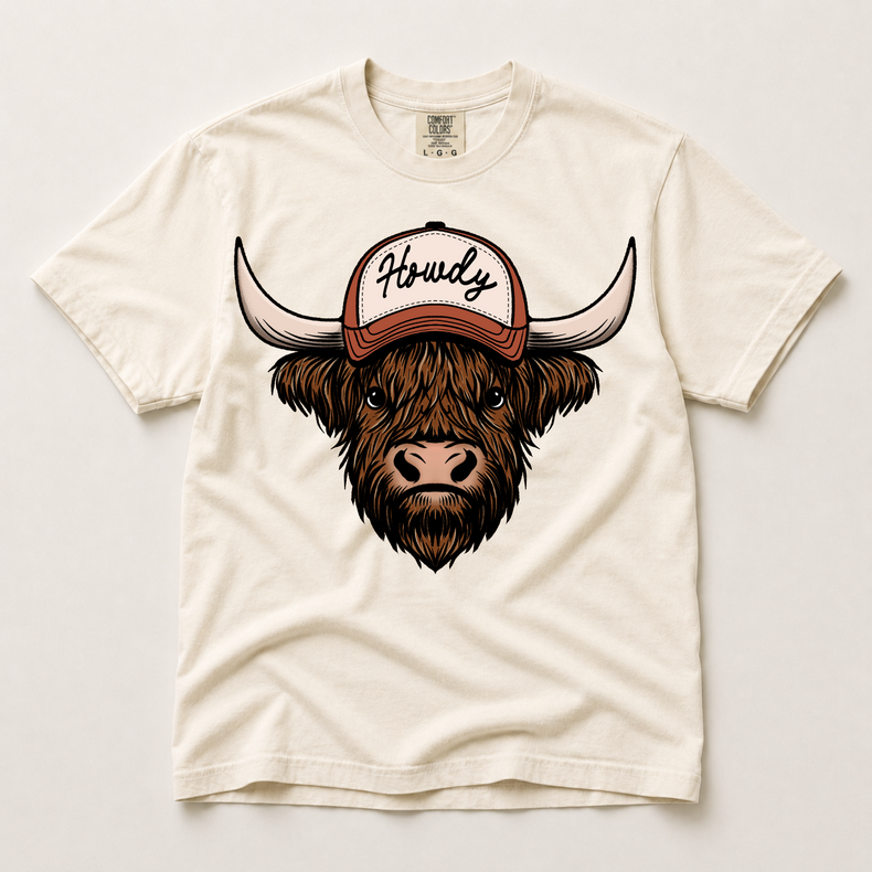 Howdy Highland cow western shirt in ivory