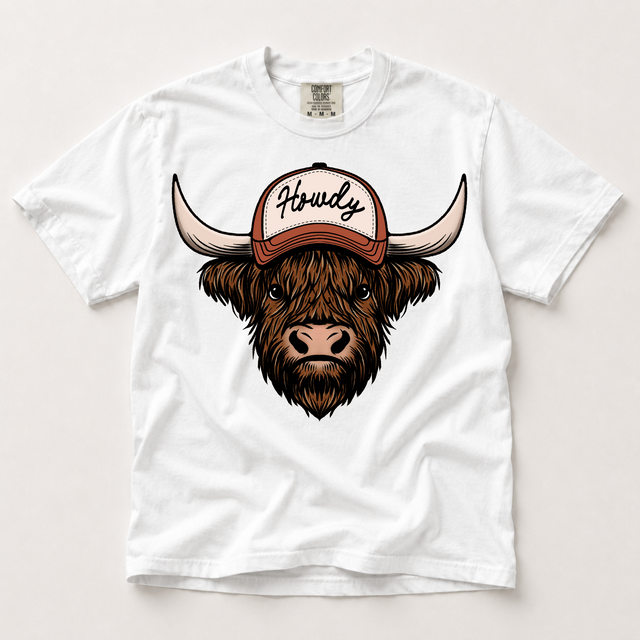 Howdy Highland cow western shirt in white