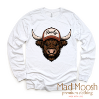 Howdy Highland Cow Western design on a long sleeve shirt.