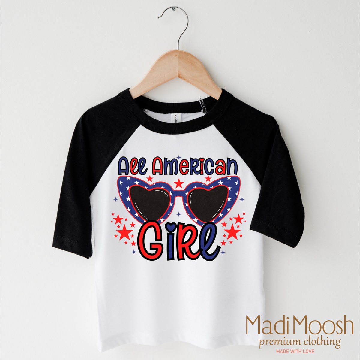 4th Of July All American Girl design on a black-accented shirt.