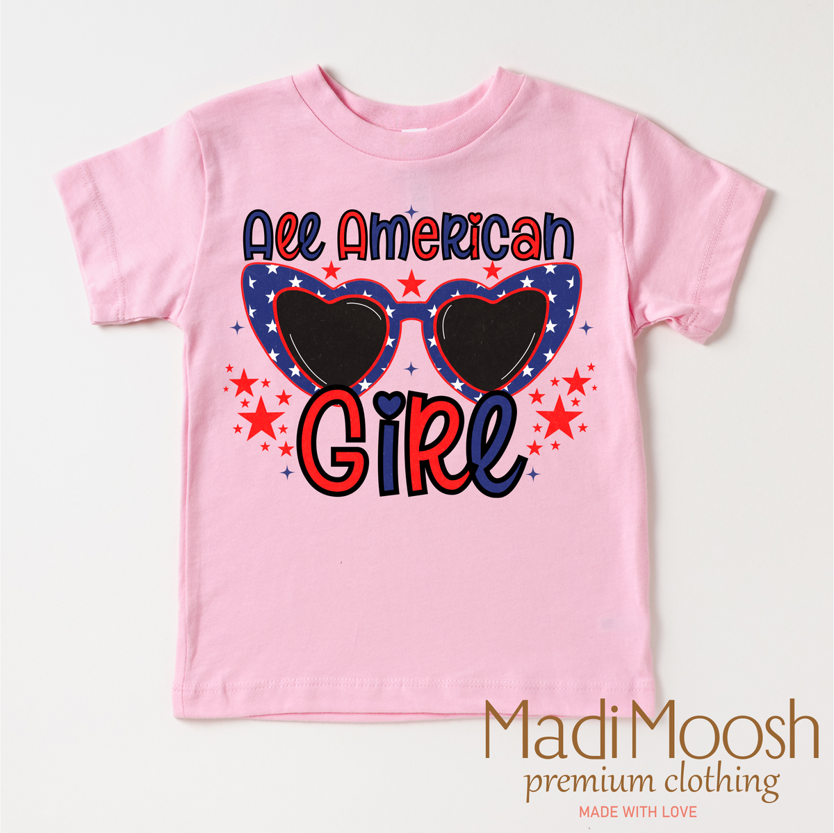 4th Of July All American Girl design on a pink garment.