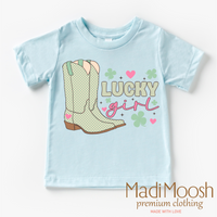 St. Patrick's Day Lucky Cowgirl design on a blue garment.