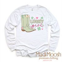 St. Patrick's Day Lucky Cowgirl design on a long sleeve shirt.