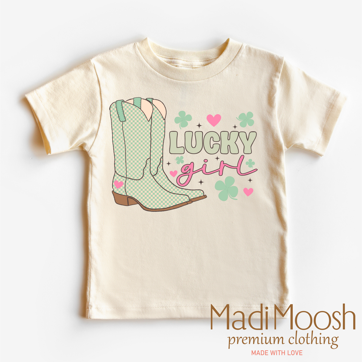 St. Patrick's Day Lucky Cowgirl design on a natural garment.