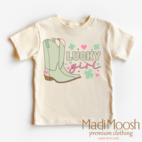 St. Patrick's Day Lucky Cowgirl design on a natural garment.