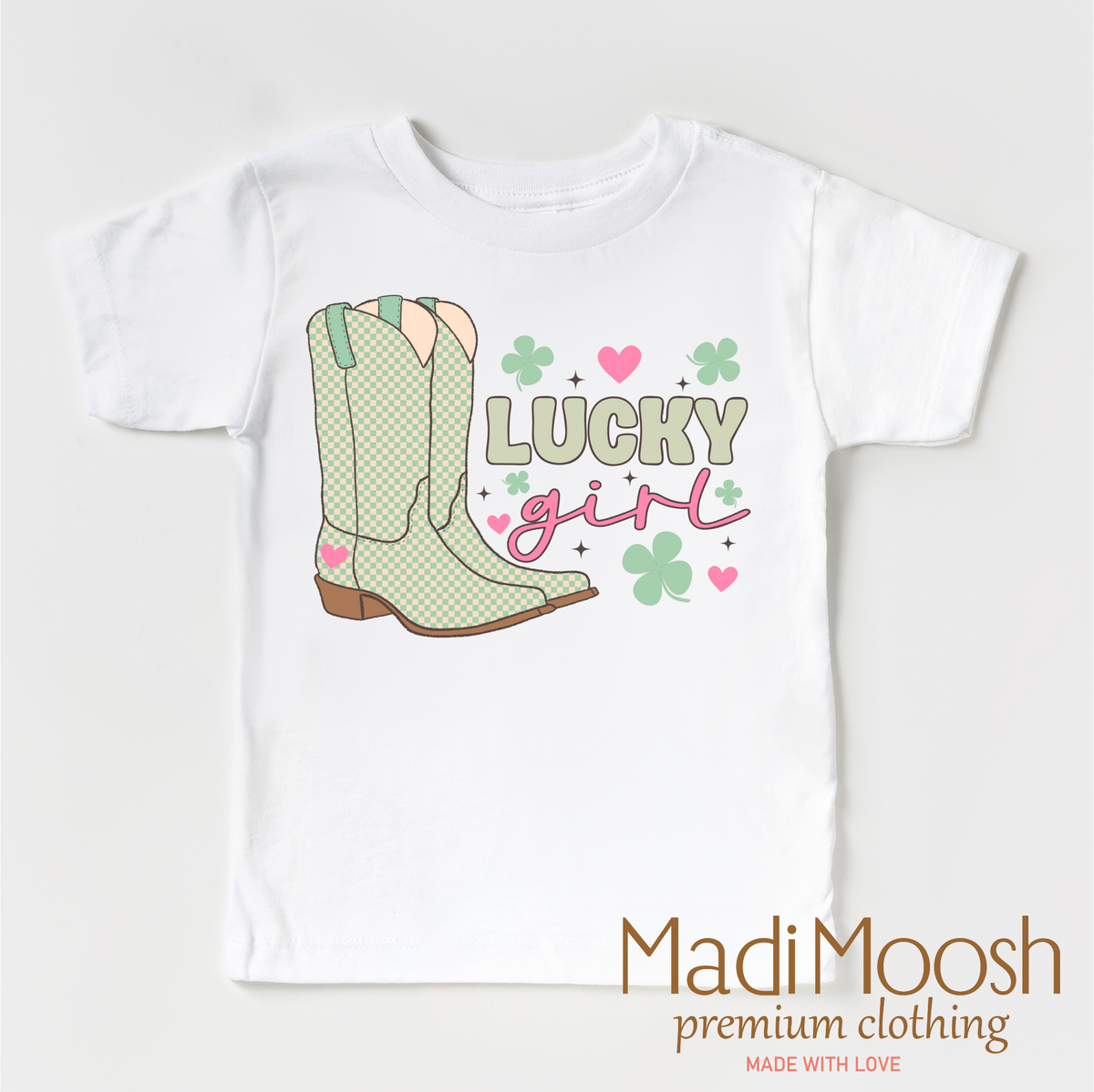 St. Patrick's Day Lucky Cowgirl, Retro Western St. Patrick's Day graphic T-shirt by Madi Moosh