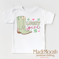 St. Patrick's Day Lucky Cowgirl, Retro Western St. Patrick's Day graphic T-shirt by Madi Moosh