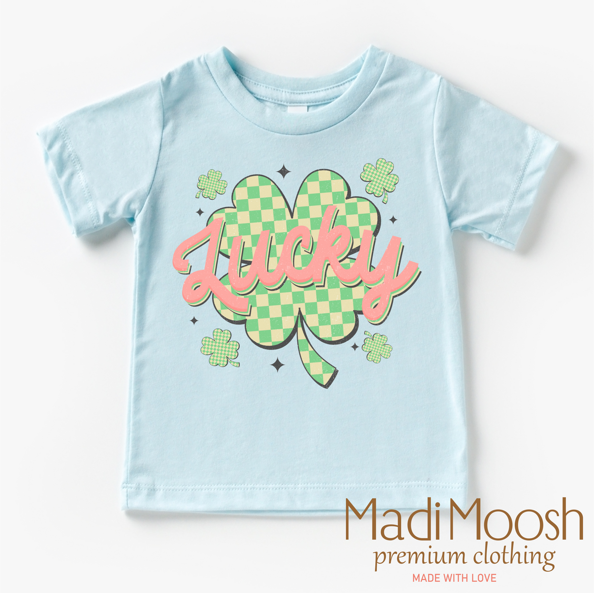 St. Patrick's Day Lucky Clover design on a blue garment.