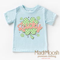 St. Patrick's Day Lucky Clover design on a blue garment.