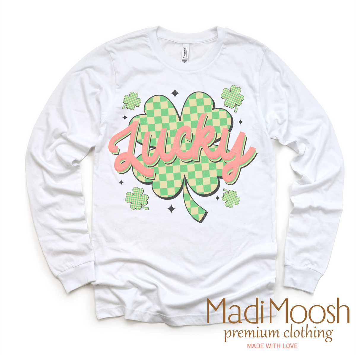 St. Patrick's Day Lucky Clover design on a long sleeve shirt.