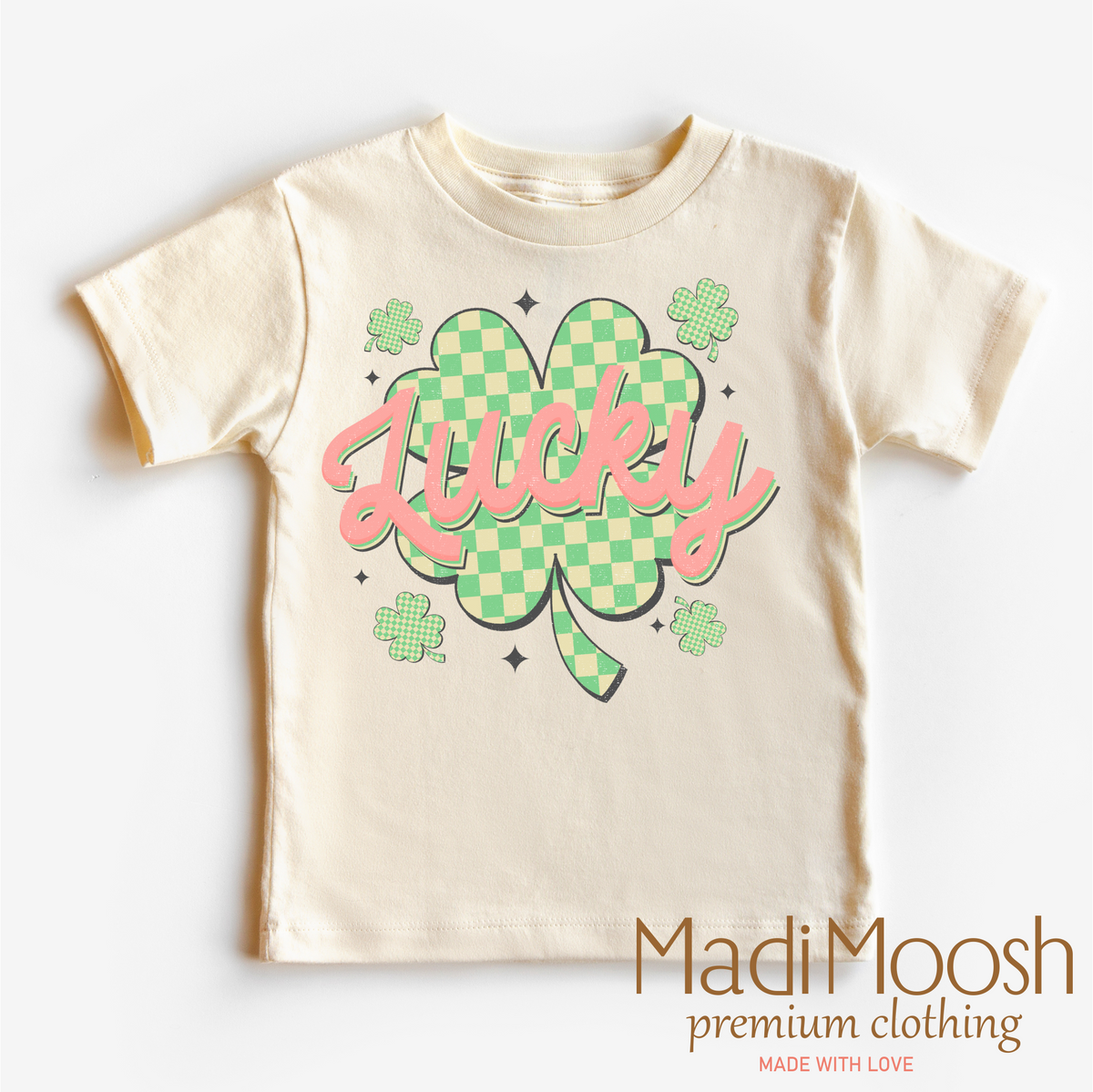 St. Patrick's Day Lucky Clover design on a natural garment.