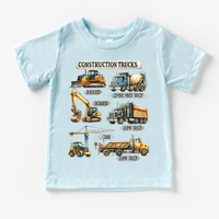 Construction Trucks design on a blue garment.