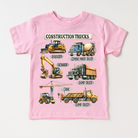 Construction Trucks design on a pink garment.