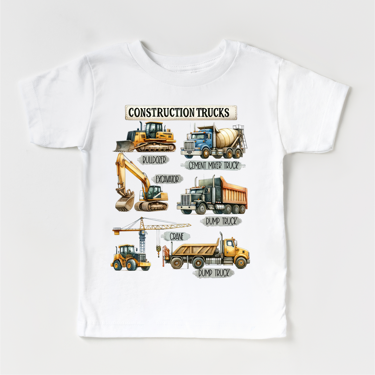 Construction Trucks design on a white garment.