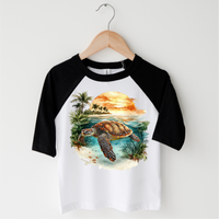 Retro Sea Turtle Watercolor Ocean Scene design on a black-accented shirt.