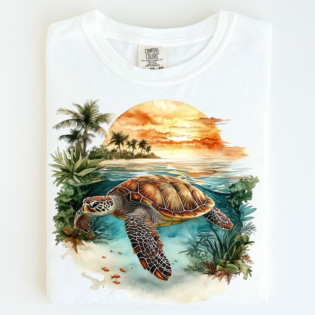 Retro Sea Turtle Ocean Sunset Scene Shirt - Printed On Comfort Colors