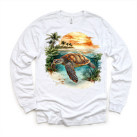 Retro Sea Turtle Watercolor Ocean Scene design on a long sleeve shirt.