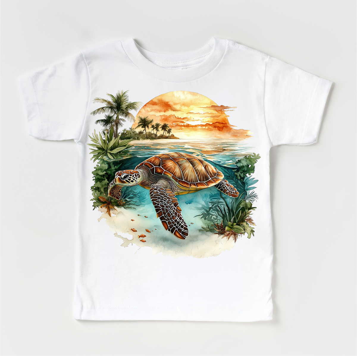 Retro Sea Turtle Watercolor Ocean Scene design on a white garment.